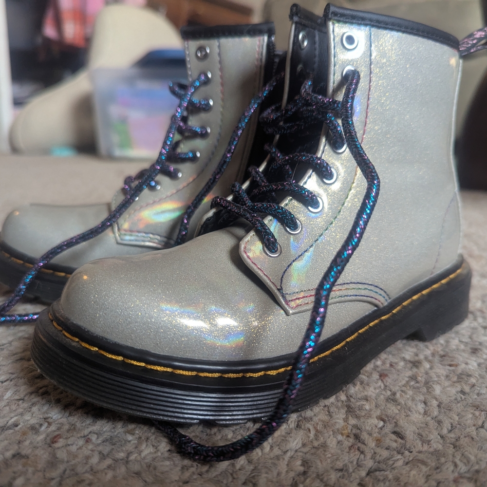 Dr. Martens Silver Combat Boots with Glossy Finish